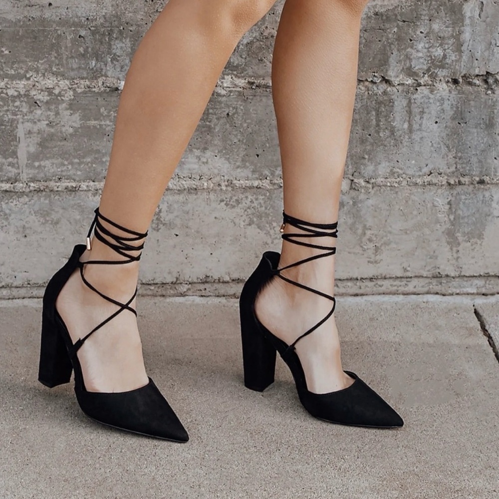 Lulu's Black Suede Pointed Toe Lace-Up Block Heels